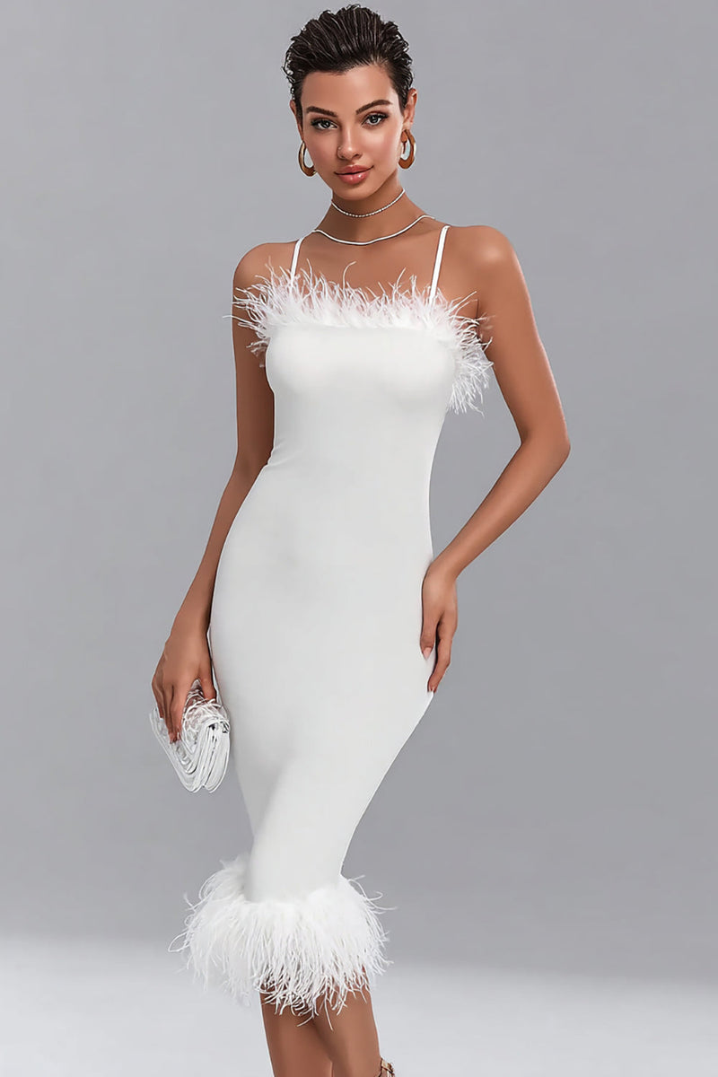 Load image into Gallery viewer, Satin White Bodycon Midi Engagement Dress with Feathers