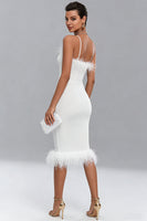 Load image into Gallery viewer, Satin White Bodycon Midi Engagement Dress with Feathers