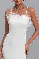 Load image into Gallery viewer, Satin White Bodycon Midi Engagement Dress with Feathers