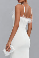 Load image into Gallery viewer, Satin White Bodycon Midi Engagement Dress with Feathers