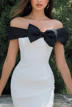Black and White Off the Shoulder Bodycon Midi Engagement Dress with Bow