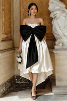 Load image into Gallery viewer, Black and White A Line Satin Asymmetrical Engagement Dress with Bow
