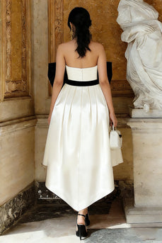 Black and White A Line Satin Asymmetrical Engagement Dress with Bow