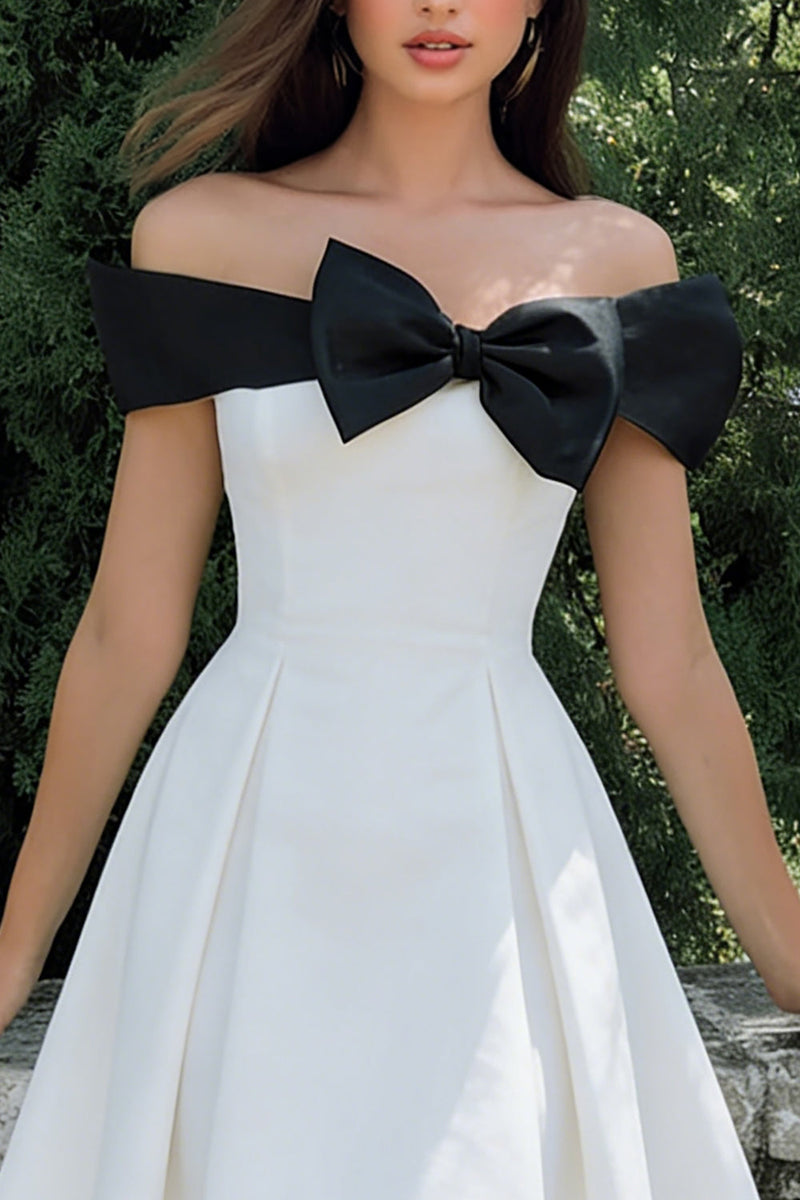 Load image into Gallery viewer, Black and White A Line Off the Shoulder Midi Engagement Dress with Bow