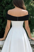 Load image into Gallery viewer, Black and White A Line Off the Shoulder Midi Engagement Dress with Bow