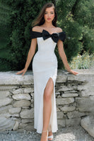 Load image into Gallery viewer, Black and White Off the Shoulder Sheath Long Engagement Dress with Slit