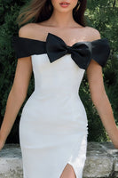 Load image into Gallery viewer, Black and White Off the Shoulder Sheath Long Engagement Dress with Slit