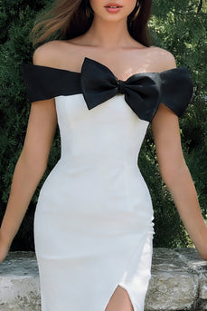 Black and White Off the Shoulder Sheath Long Engagement Dress with Slit