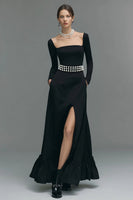 Load image into Gallery viewer, Black A Line Long Sleeves Square Neck Formal Dress with Slit