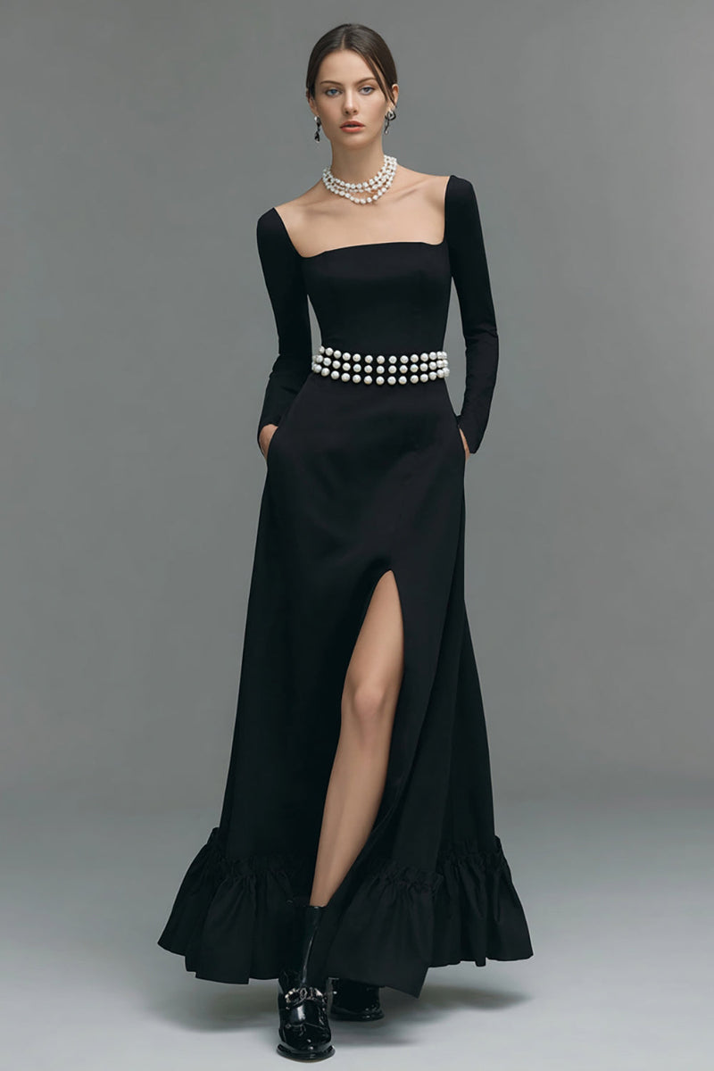 Load image into Gallery viewer, Black A Line Long Sleeves Square Neck Formal Dress with Slit