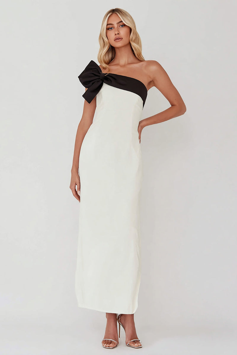 Queendancer Women Black and White Long Formal Dress with Bow Sheath