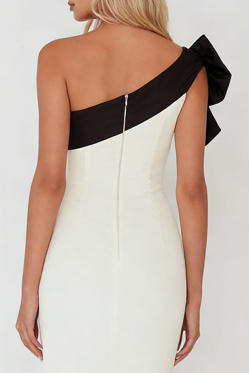 Load image into Gallery viewer, One Shoulder Black and White Sheath Maxi Formal Dress