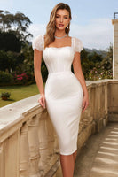 Load image into Gallery viewer, Ivory Bodycon Corset Square Neck Midi Engagement Dress with Sleeves