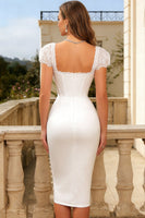 Load image into Gallery viewer, Ivory Bodycon Corset Square Neck Midi Engagement Dress with Sleeves