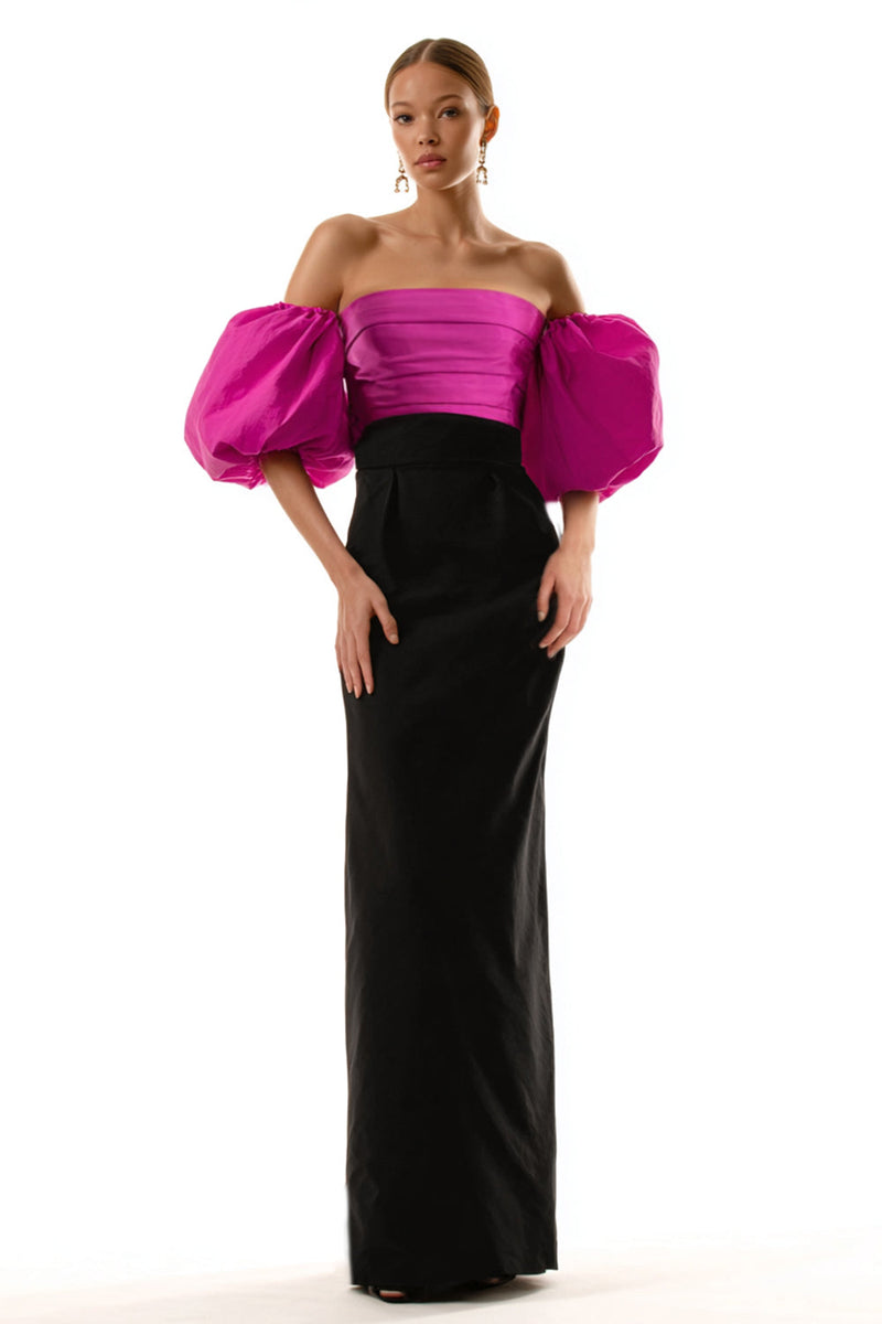 Load image into Gallery viewer, Black and Fuchsia Sheath Satin Puff Sleeves Long Formal Dress