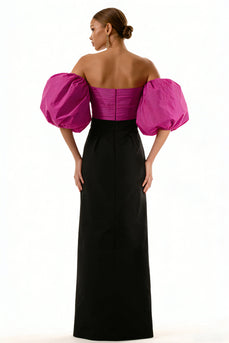 Black and Fuchsia Sheath Satin Puff Sleeves Long Formal Dress