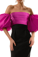 Load image into Gallery viewer, Black and Fuchsia Sheath Satin Puff Sleeves Long Formal Dress