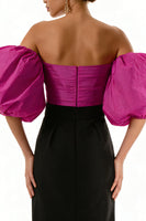 Load image into Gallery viewer, Black and Fuchsia Sheath Satin Puff Sleeves Long Formal Dress