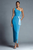 Load image into Gallery viewer, Peacock Blue One Shoulder Long Sheath Formal Dress with Bow