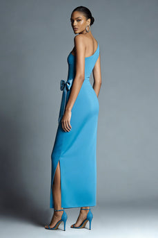 Peacock Blue One Shoulder Long Sheath Formal Dress with Bow