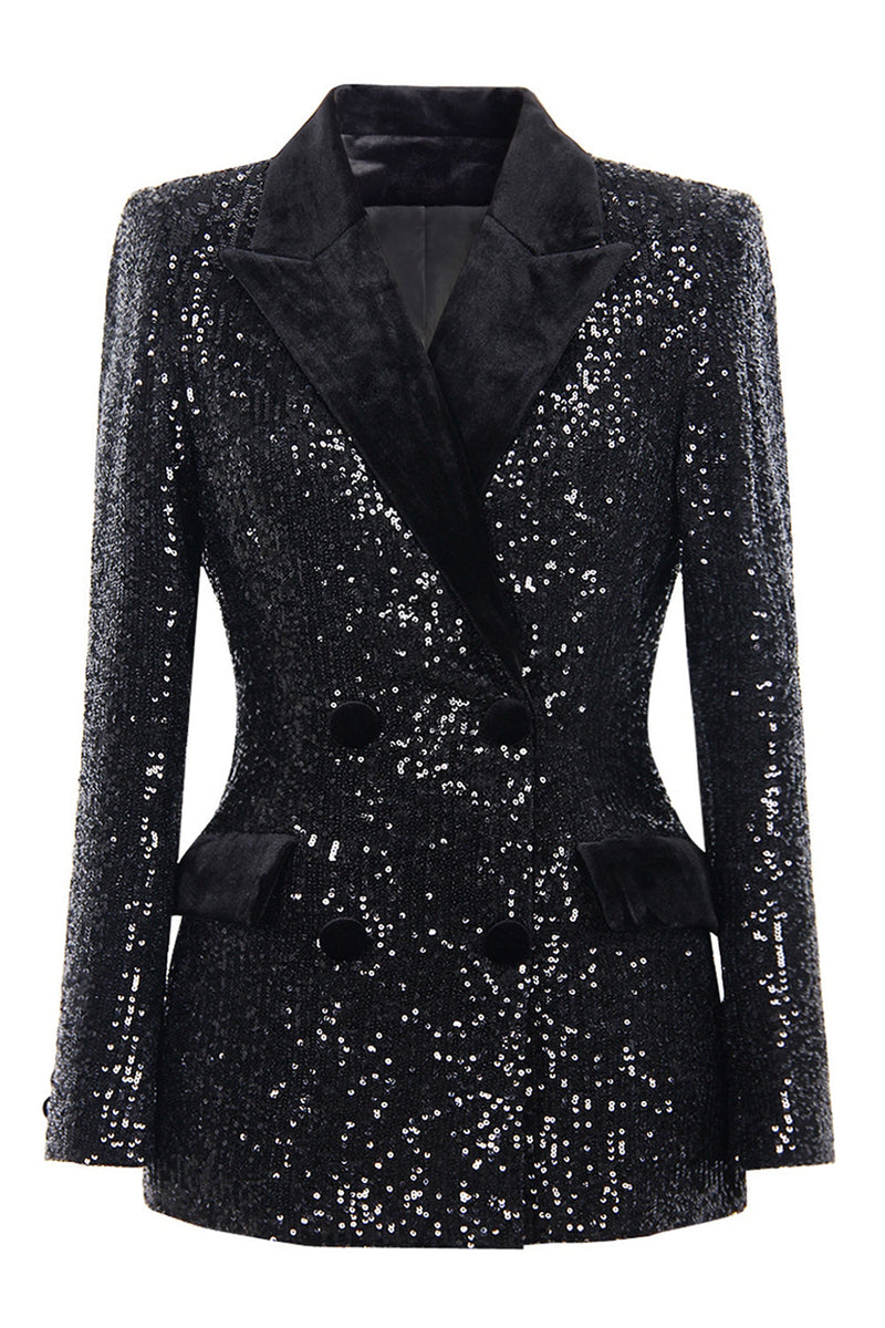 Load image into Gallery viewer, Sparkly Black Peak Lapel Sequin Women Prom Blazer