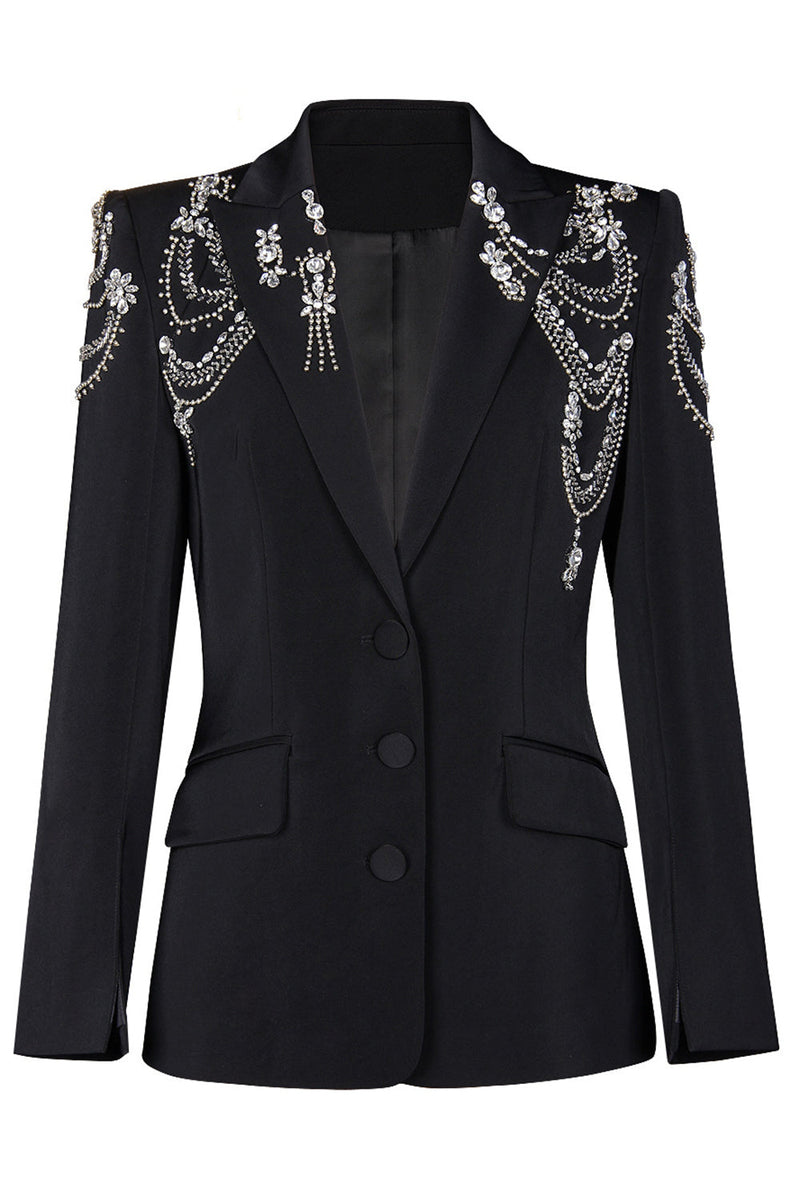 Load image into Gallery viewer, Black Sparkly Shawl Lapel Women Prom Blazer Jacket with Rhinestones