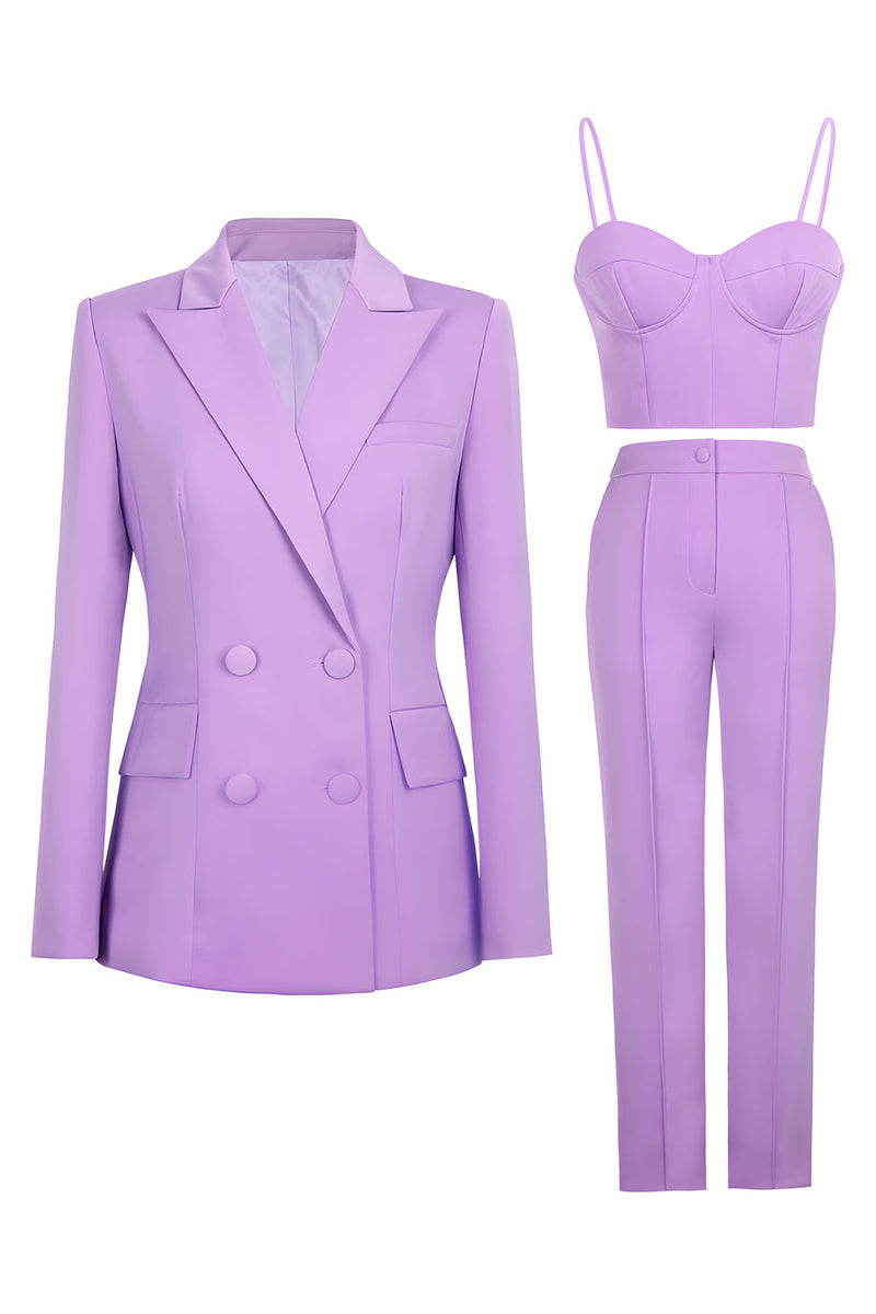 Load image into Gallery viewer, 3 Piece Purple Double Breasted Peak Lapel Women Business Suits