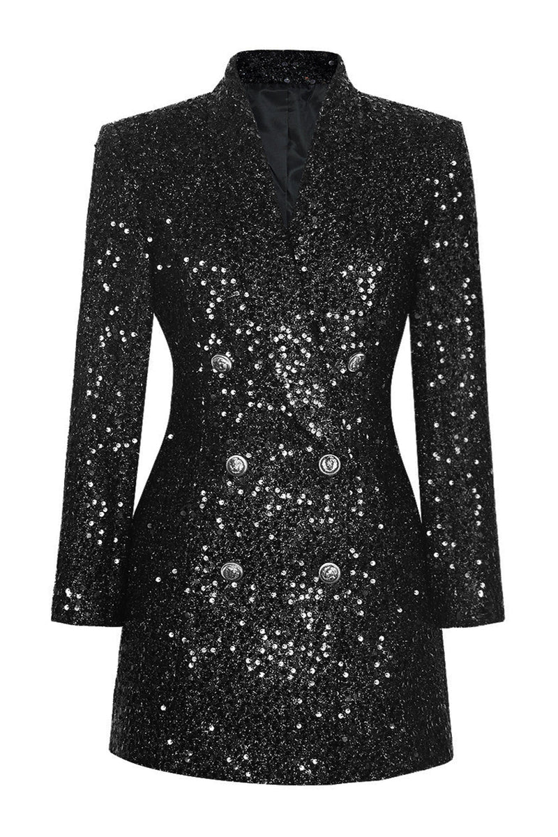 Load image into Gallery viewer, Sparkly Black Shawl Lapel Women Sequin Prom Blazer with Sleeves