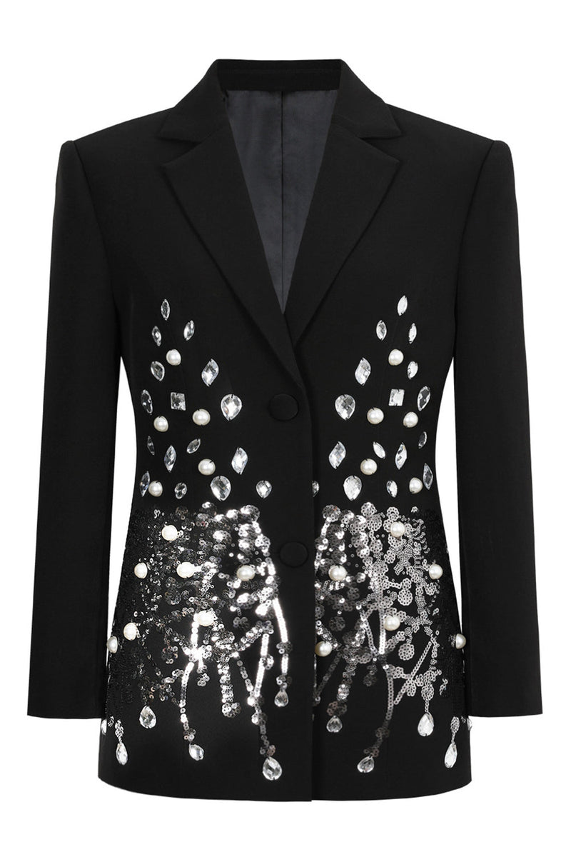 Load image into Gallery viewer, Sparkly Black Notched Lapel Sequin Women Prom Blazer with Rhinestones