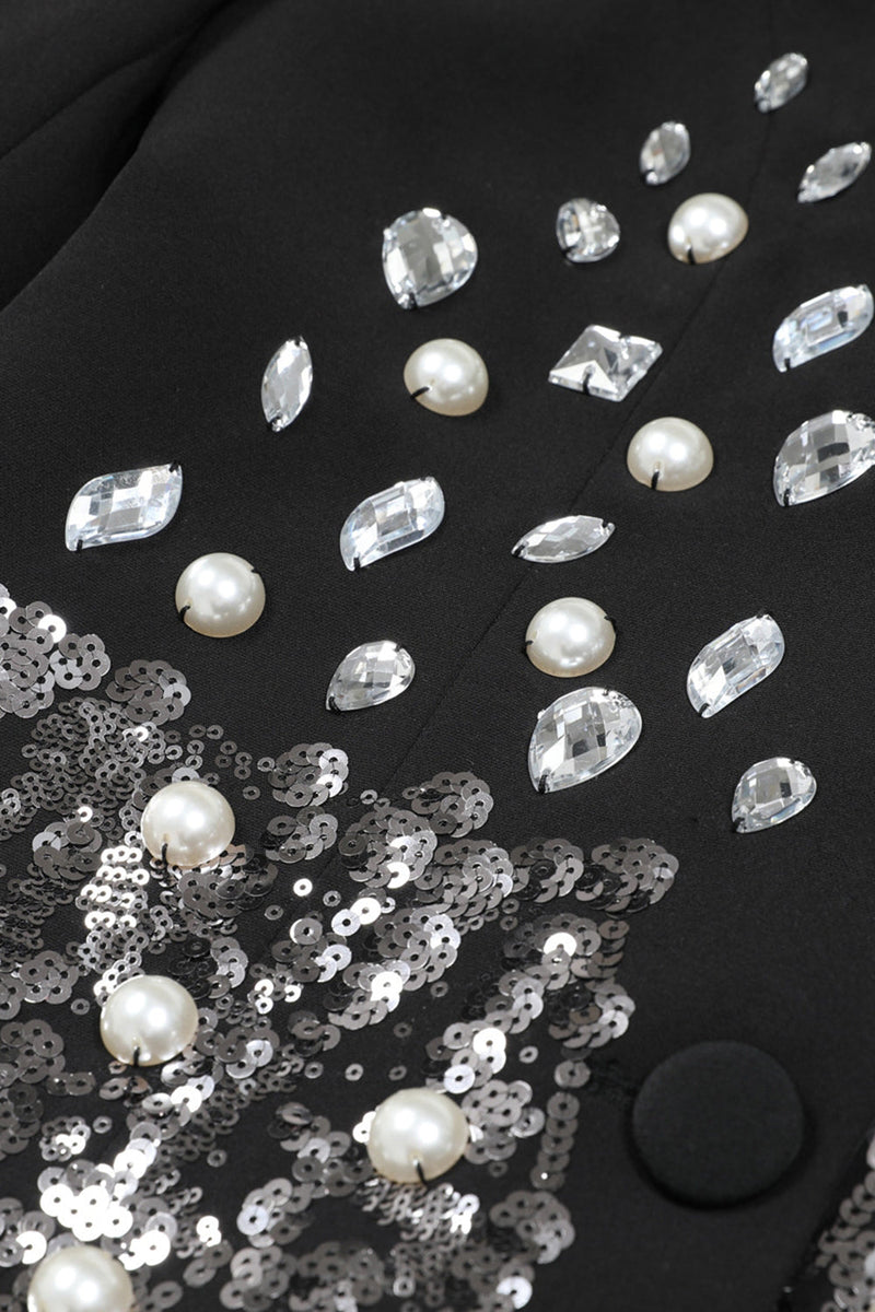 Load image into Gallery viewer, Sparkly Black Notched Lapel Sequin Women Prom Blazer with Rhinestones