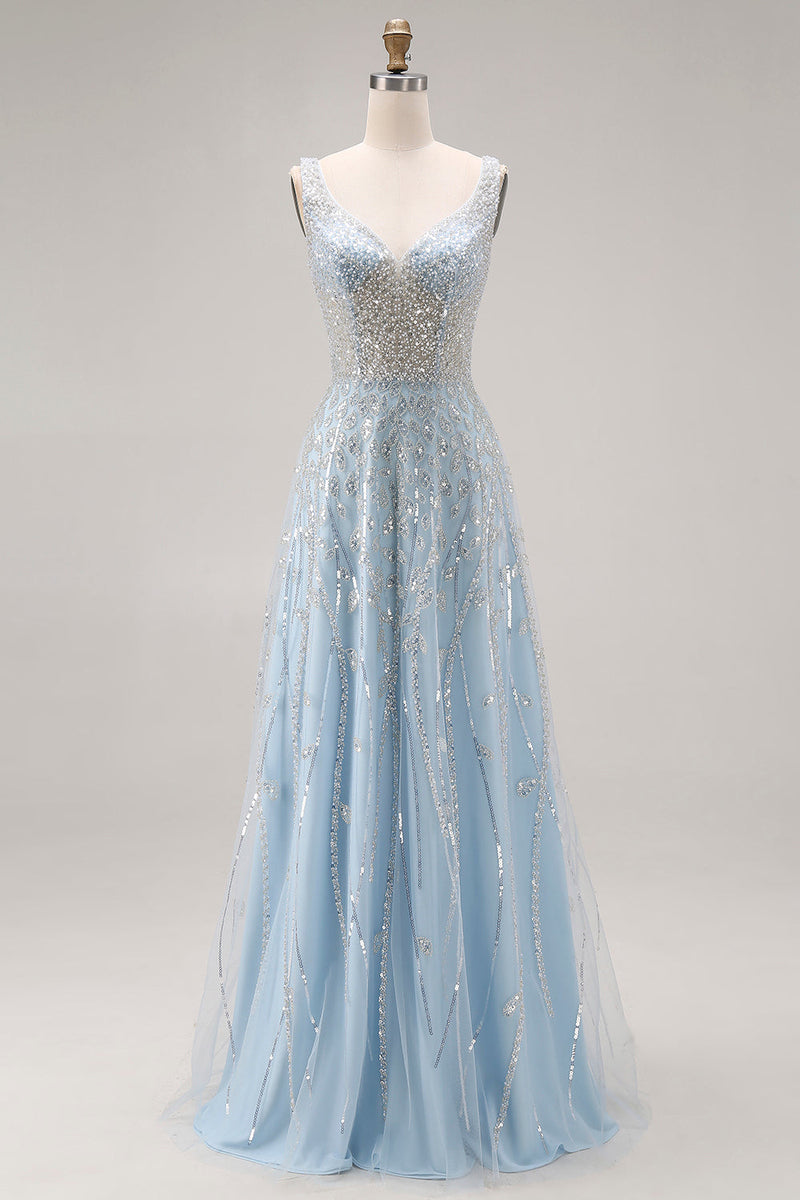 Load image into Gallery viewer, Sparkly Sequins Light Blue A Line Long Corset Prom Dress with Beading