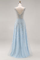 Load image into Gallery viewer, Sparkly Sequins Light Blue A Line Long Corset Prom Dress with Beading