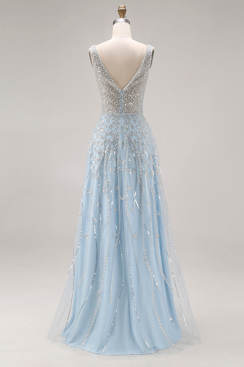 Load image into Gallery viewer, Sparkly Sequins Light Blue A Line Long Corset Prom Dress with Beading