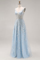 Load image into Gallery viewer, Sparkly Sequins Light Blue A Line Long Corset Prom Dress with Beading