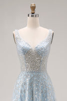 Load image into Gallery viewer, Sparkly Sequins Light Blue A Line Long Corset Prom Dress with Beading