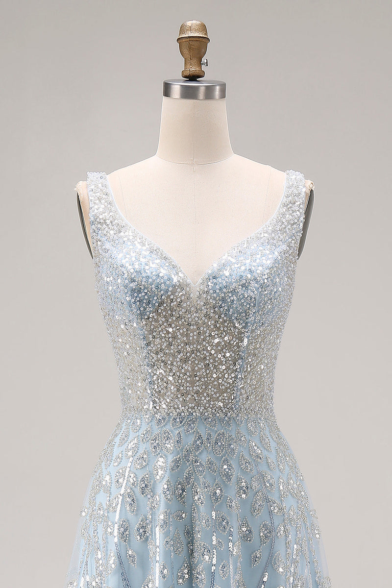 Load image into Gallery viewer, Sparkly Sequins Light Blue A Line Long Corset Prom Dress with Beading