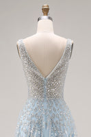 Load image into Gallery viewer, Sparkly Sequins Light Blue A Line Long Corset Prom Dress with Beading