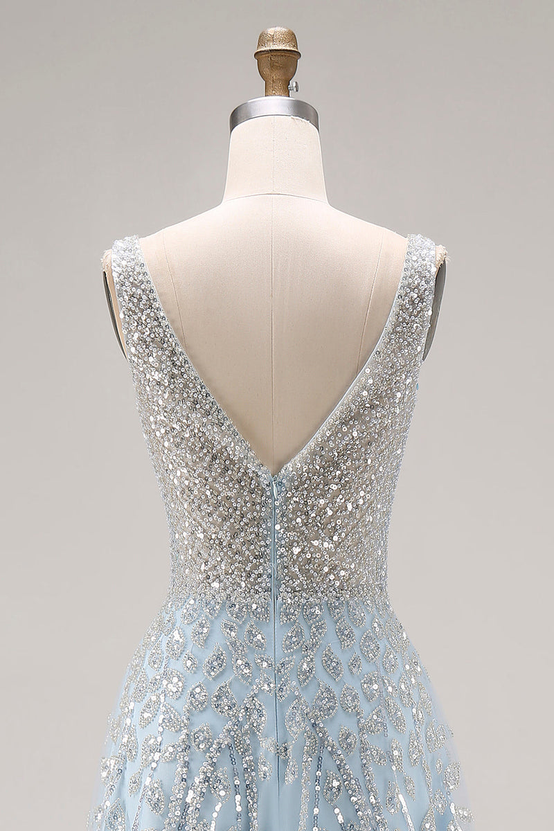 Load image into Gallery viewer, Sparkly Sequins Light Blue A Line Long Corset Prom Dress with Beading