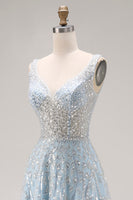 Load image into Gallery viewer, Sparkly Sequins Light Blue A Line Long Corset Prom Dress with Beading