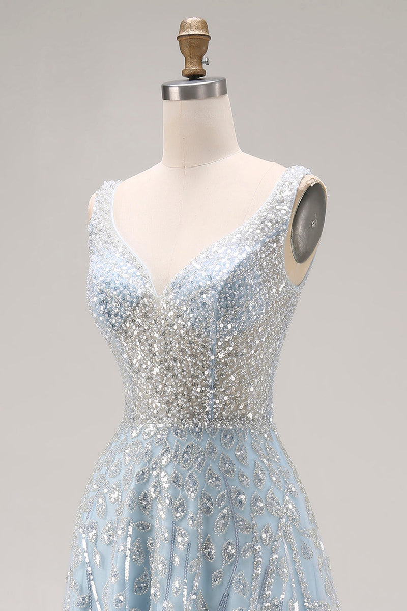 Load image into Gallery viewer, Sparkly Sequins Light Blue A Line Long Corset Prom Dress with Beading