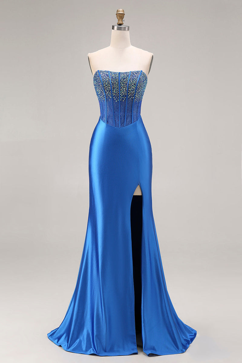 Load image into Gallery viewer, Royal Blue Mermaid Beaded Corset Strapless Long Prom Dress with Slit