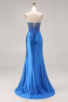 Load image into Gallery viewer, Royal Blue Mermaid Beaded Corset Strapless Long Prom Dress with Slit