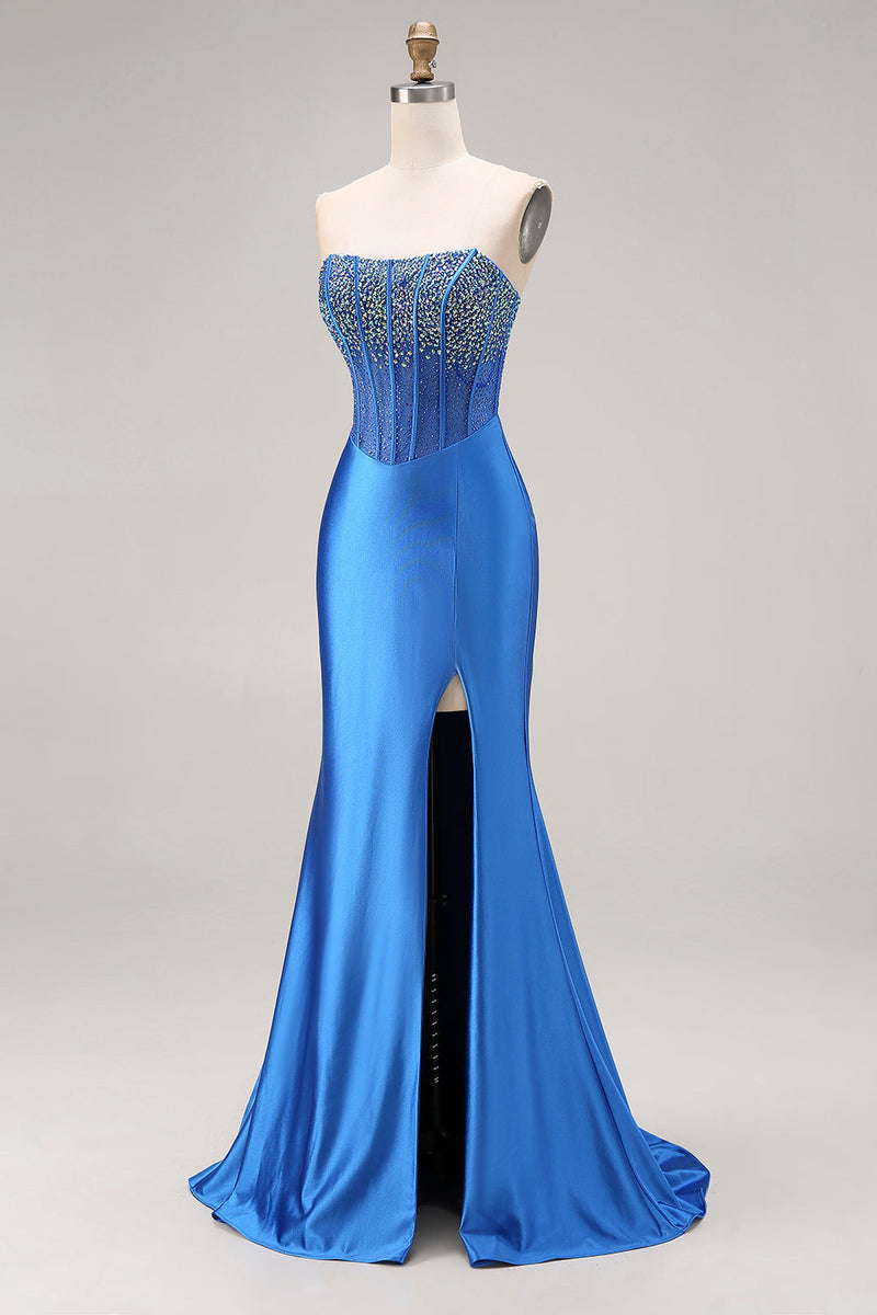 Load image into Gallery viewer, Royal Blue Mermaid Beaded Corset Strapless Long Prom Dress with Slit