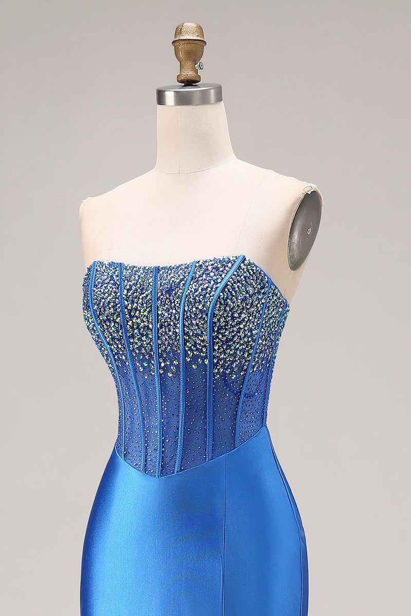 Load image into Gallery viewer, Royal Blue Mermaid Beaded Corset Strapless Long Prom Dress with Slit