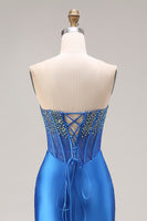 Load image into Gallery viewer, Royal Blue Mermaid Beaded Corset Strapless Long Prom Dress with Slit