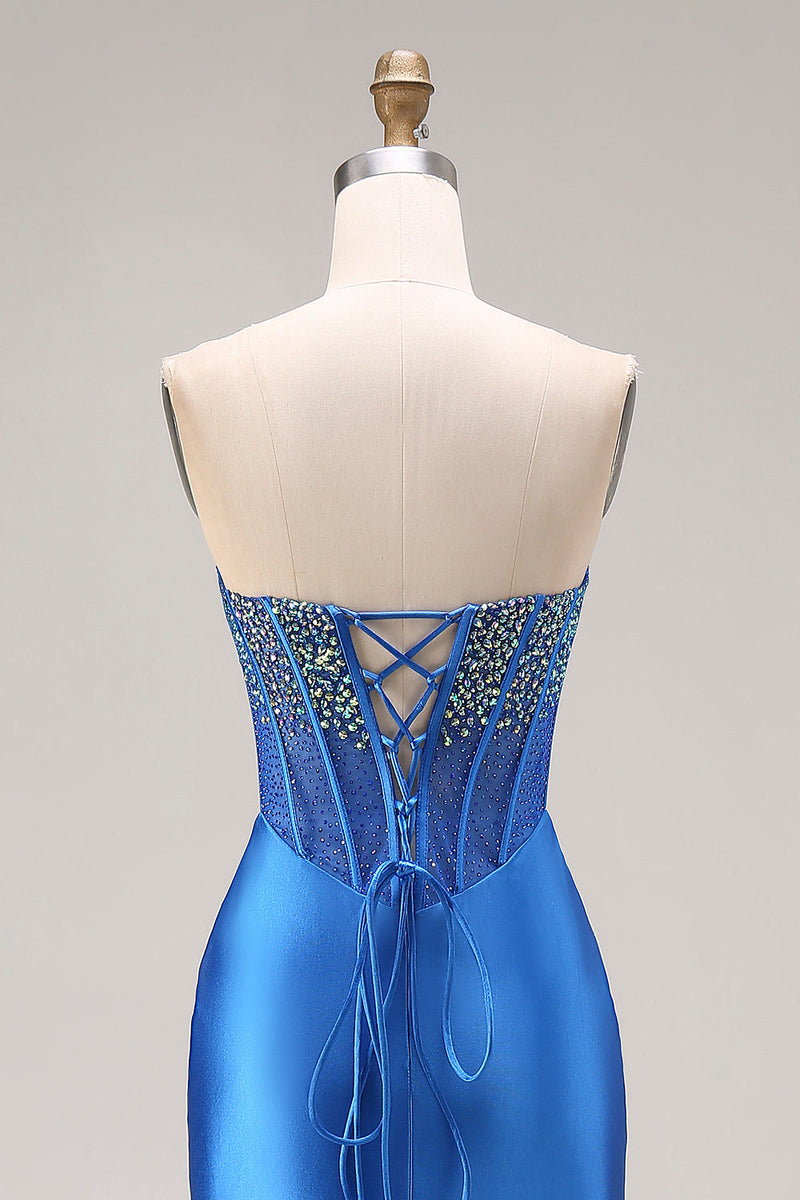 Load image into Gallery viewer, Royal Blue Mermaid Beaded Corset Strapless Long Prom Dress with Slit