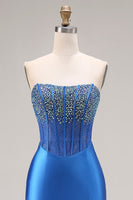 Load image into Gallery viewer, Royal Blue Mermaid Beaded Corset Strapless Long Prom Dress with Slit