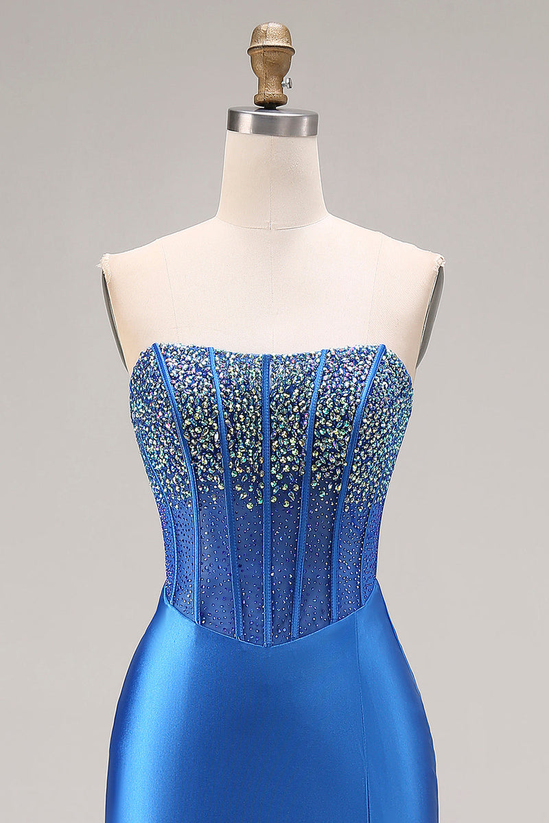 Load image into Gallery viewer, Royal Blue Mermaid Beaded Corset Strapless Long Prom Dress with Slit