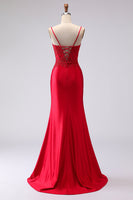 Load image into Gallery viewer, Red Mermaid Spaghetti Straps Appliqued Maxi Prom Dress with Slit