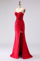 Load image into Gallery viewer, Red Mermaid Spaghetti Straps Appliqued Maxi Prom Dress with Slit